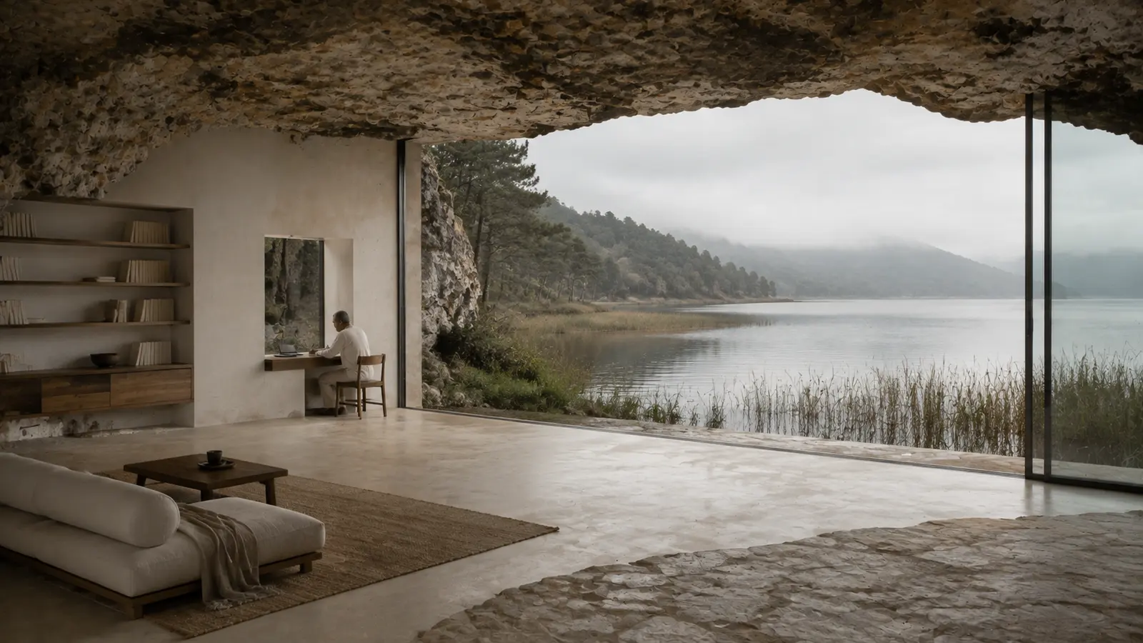 A person writing at a small desk in a cave-like room that opens onto a misty lake.