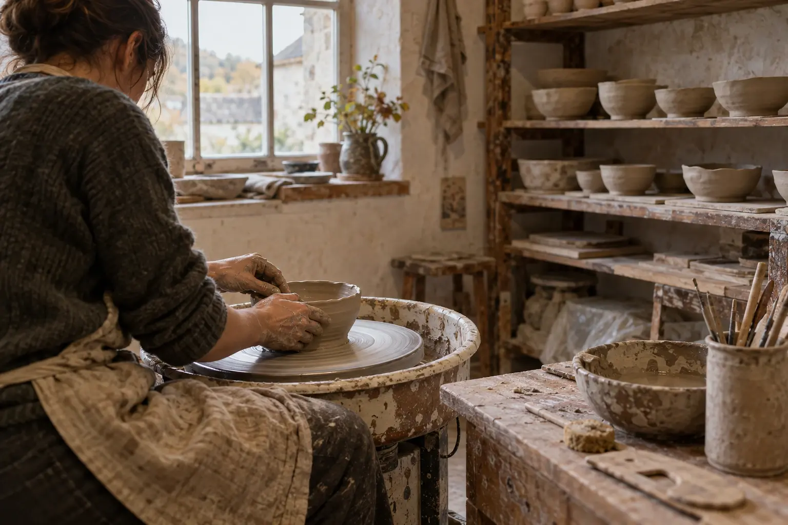 A potter in a grey jumper and clay-spattered apron shapes a bowl on a wheel beside a window, with shelves of unfired bowls drying across the studio.
