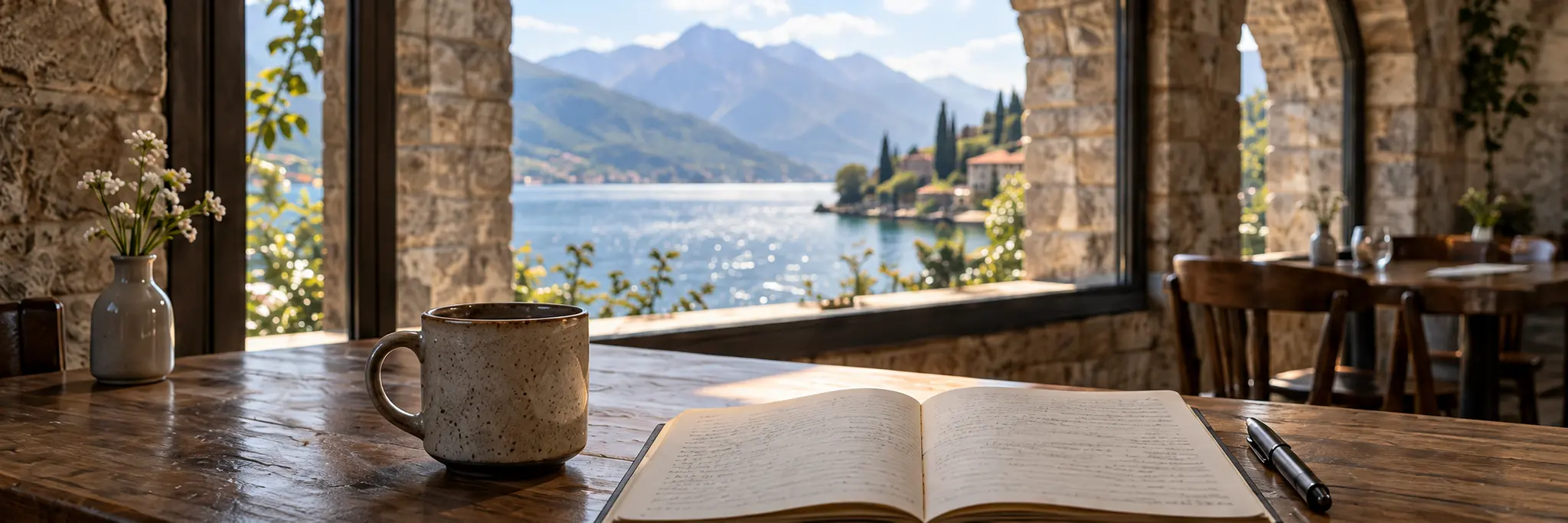 A speckled mug and an open handwritten notebook on a café table, looking out over a lake and mountains.