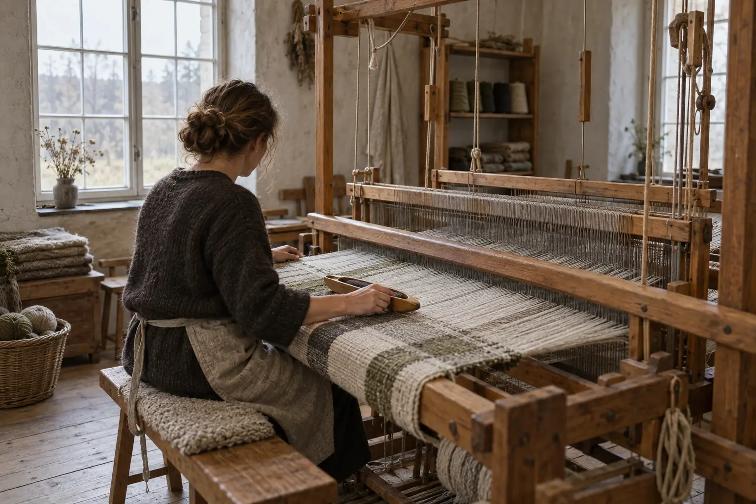 A woman in a dark jumper and linen apron sits at a large wooden loom, passing a shuttle through a half-woven striped cloth beside a tall window.