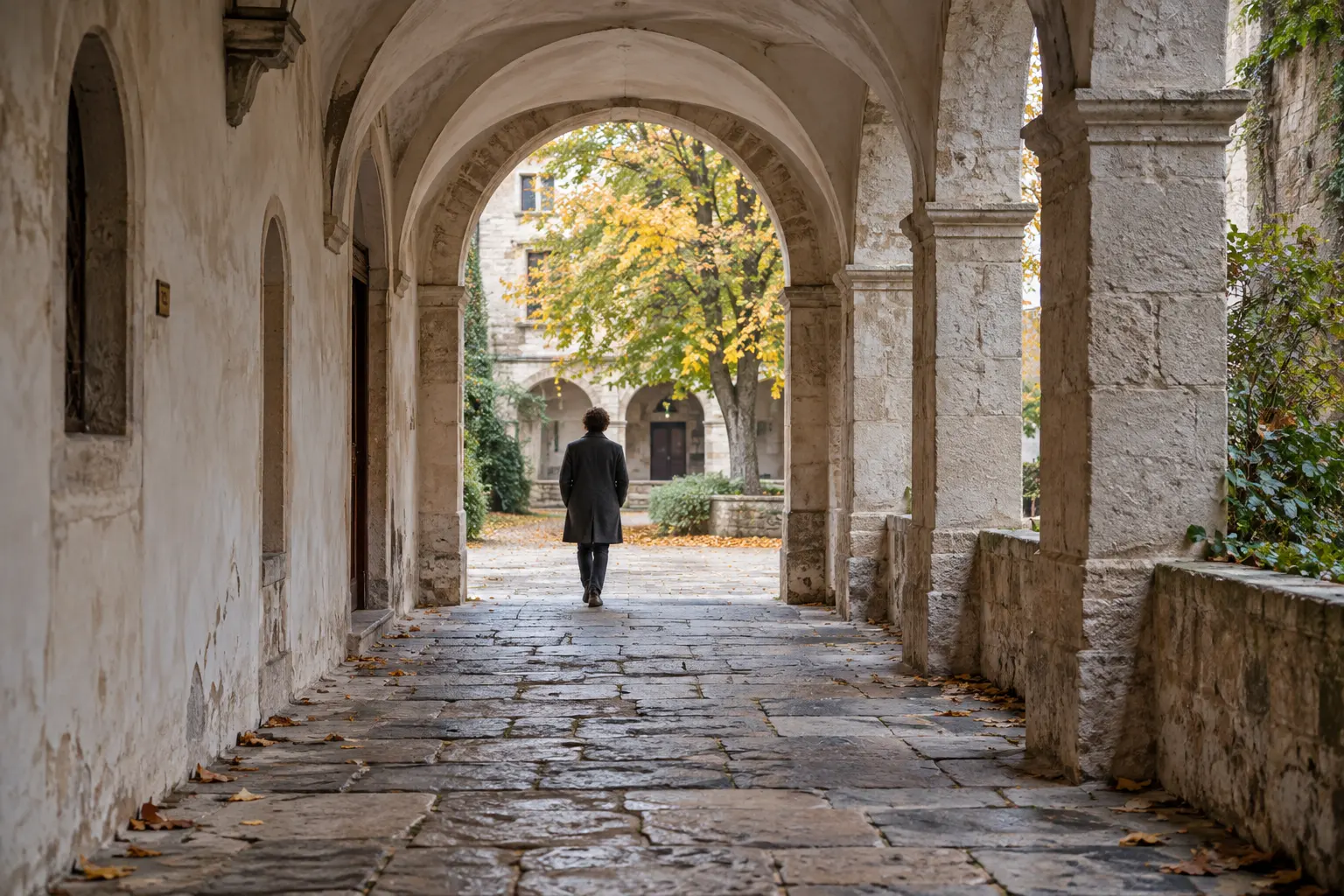 A person in a dark coat walks away down a stone arcade towards a courtyard, where a tree is turning yellow and leaves lie on the paving.