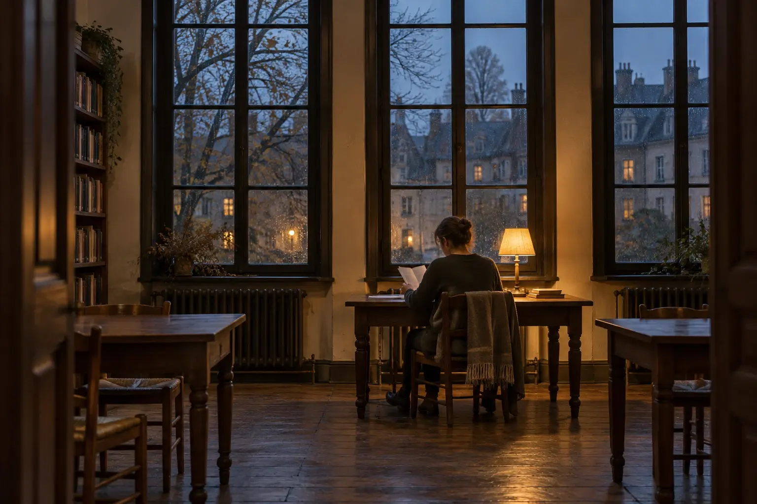 A woman reads at a lamplit table by tall rain-streaked windows at dusk, with bare trees and lit windows of an old building outside and empty tables around her.